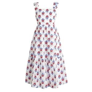 J. Crew White Red Coastal Grandma Floral tiered Midi Dress Cotton ruffle sleeve